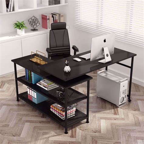 (1) 【spacious work area】 55(l)*23.6(w)*36.6(h) dimension can easily accommodate your laptop, keyboard, books, files, desk accessories. Tribesigns Modern L-Shaped Desk with Storage Shelves, 360°Rotating Desk Corner Computer Desk ...