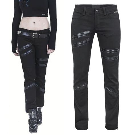 women goth long pants with zippers black punk rock decorated pants