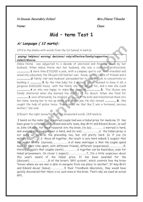 Mid Term 1 Test Third Form Esl Worksheet By Jihen