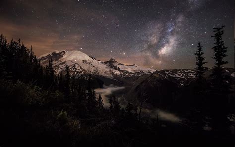 1400x875 Nature Landscape Starry Night Hut Milky Way Snowy Peak Grass