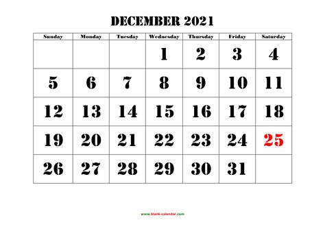 Free Download Printable December 2021 Calendar Large Font Design