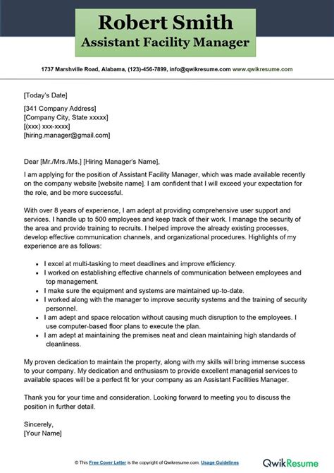 Assistant Facility Manager Cover Letter Examples Qwikresume