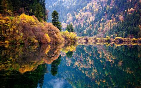 Nature Landscape Blue Reflection Fall Forest Lake Mountain