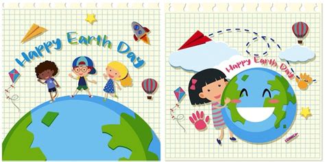Feliz Día De La Tierra Con Niños En La Tierra Vector Premium
