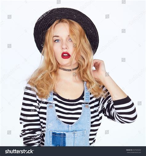 Thick side braid with lovely pale blonde hair. Portrait Happy Hipster Girl Blond Hair Stock Photo ...