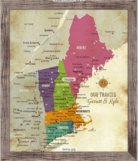 New England Map Push Pin Travel Map Framed New England Map Etsy