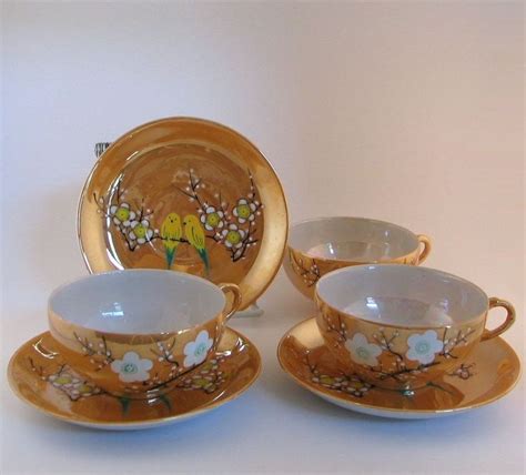 Japanese Lusterware Cups Saucers Cherry Blossoms Birds Parakeets Hand Painted Madeinjapan