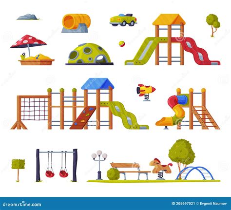 Children Playground Elements With Slide Swings And Ladders Vector Set