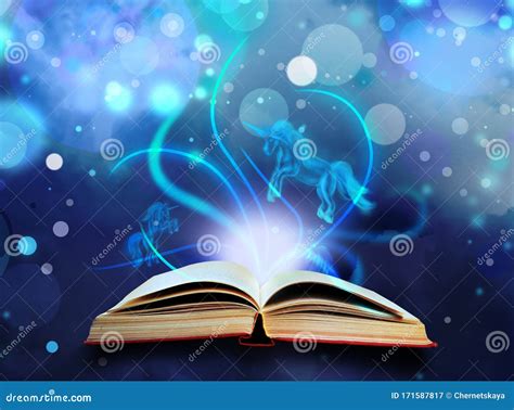 Open Book With Fairytales And Magic Lights On Background Creative