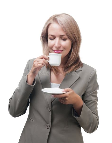 Business Woman Enjoying A Cup Of Coffee Isolated On White Stock Photo