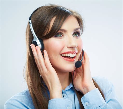 Smiling Woman Call Center Operator Touching Headsed Close Up B Stock Image Image Of Operator