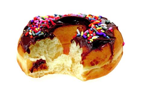 Bite Of Chocolate Frosted Donut And Sprinkles Stock Photo Image Of