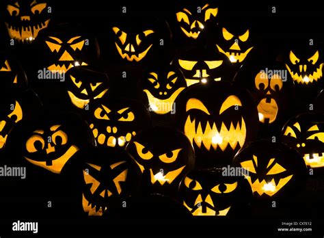 Halloween Pumpkins Jack O Lantern Faces At Night Stock Photo Alamy
