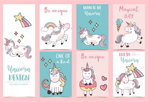 Premium Vector Collection Of Unicorn Greeting Card Set With Rainbow