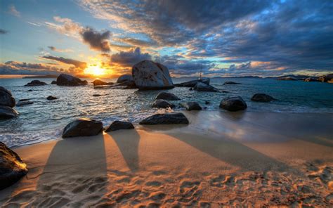 Nature Sunset Sea Clouds Beach Stones Shadow Hdr