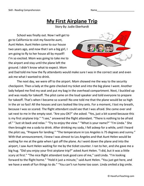 My First Airplane Trip Reading Comprehension Worksheet By Teach Simple