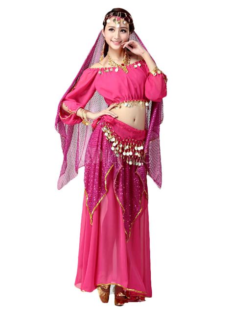 Belly Dance Costume Rose Red Chiffon Bollywood Dance Dress For Women