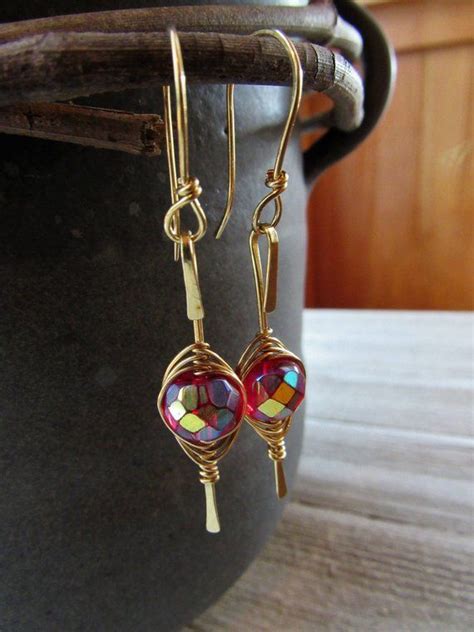 Cranberry Red And Nugold Wire Wrapped Herringbone Earrings Etsy Red