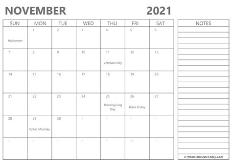 Editable November 2021 Calendar With Holidays And Notes