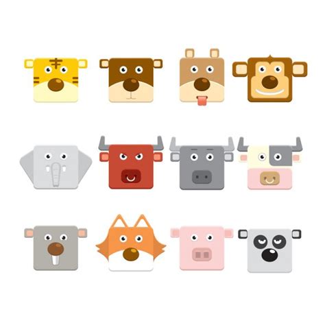 Flat Animal Faces Application Icon Cartoon Vector Set Farm Animals