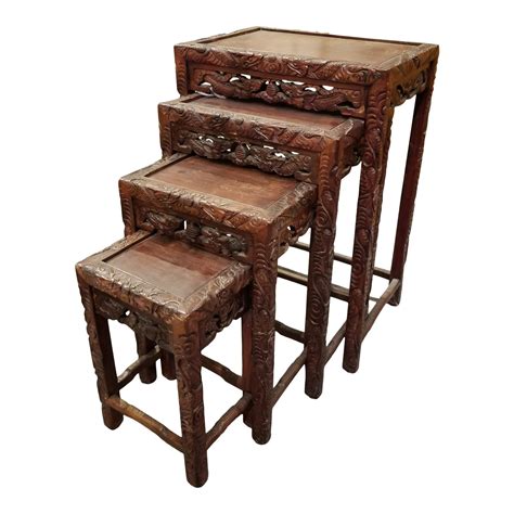 Vintage Hand Carved Ornate Chinese Export Rosewood Nesting Tables Set