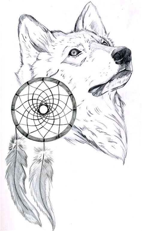 A Drawing Of A Wolf With A Dream Catcher