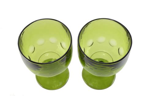 Vintage Set Of 2 Large Wine Glasses Pair Olive Green Glass Goblets
