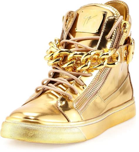 Giuseppe Zanotti Mens Metallic Chain And Zipper High Top Sneaker Gold