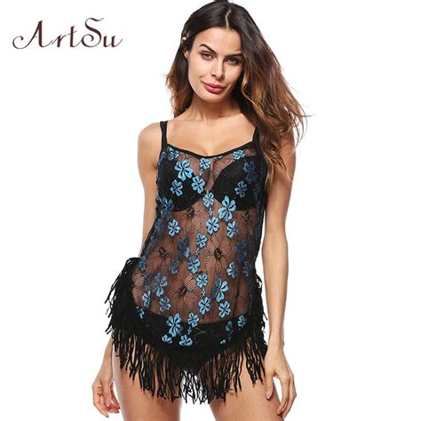 artsu brand 2018 women sexy floral lace strap mini dress beach summer see through tassel cami
