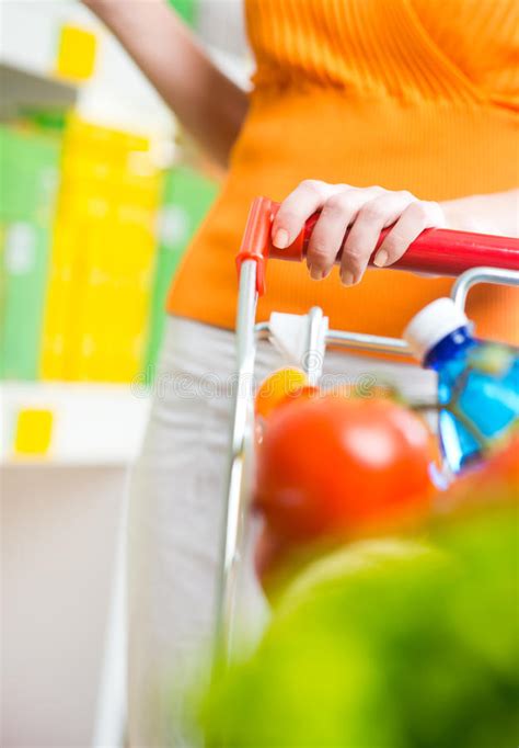 Woman At Supermarket With Trolley Stock Photo Image Of Hypermarket