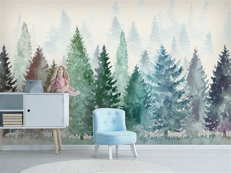 Watercolor Pine Trees Wallpaper Wall Mural Abstract Pine