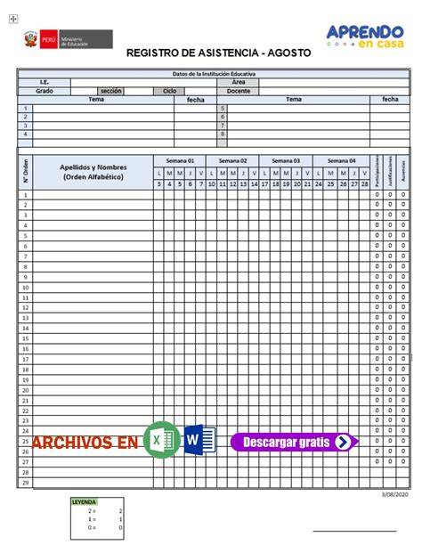 Registro De Asistencia Primaria Y Secundaria 2020 Editable En Excel