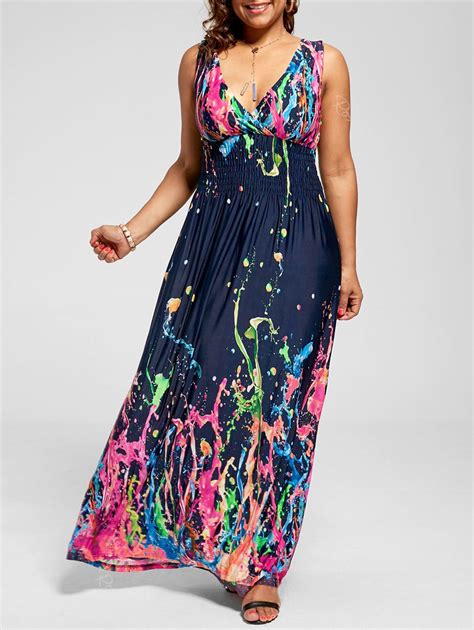 Multi 4xl Empire Waist Sleeveless Plus Size Maxi Splatter Print Dress