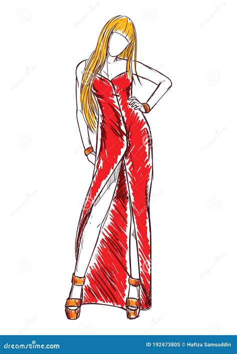 Modelo De Moda En Boceto De Ropa Elegante Diseño Decorativo De