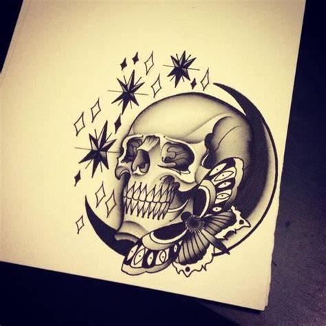 But if you want a more impressive tattoo, you should think about joining these two elements into one. Old school moth with moon and skull surrounded with stars tattoo design - Tattooimages.biz
