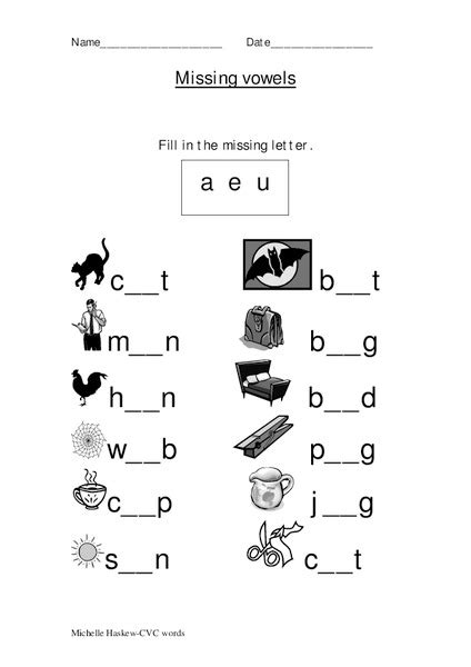 Missing Vowels Worksheet For 1st Grade Lesson Planet