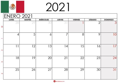Descargar 🇲🇽 Calendario Enero 2021 Para Imprimir México