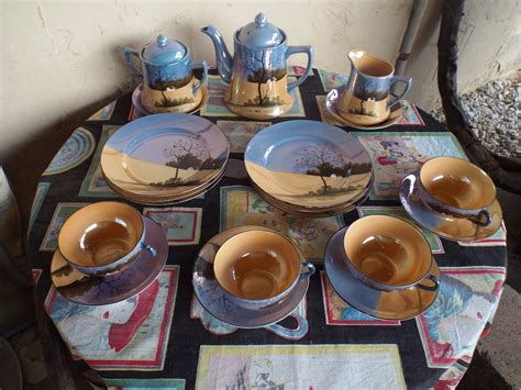 Vintage Japan Hand Painted Lusterware Piece Tea Set Tea Pot Creamer Sugar Plates Cups And