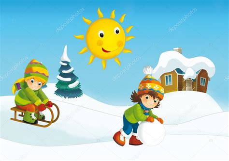 Dibujos Animados De Invierno Con Los Niños — Foto De Stock