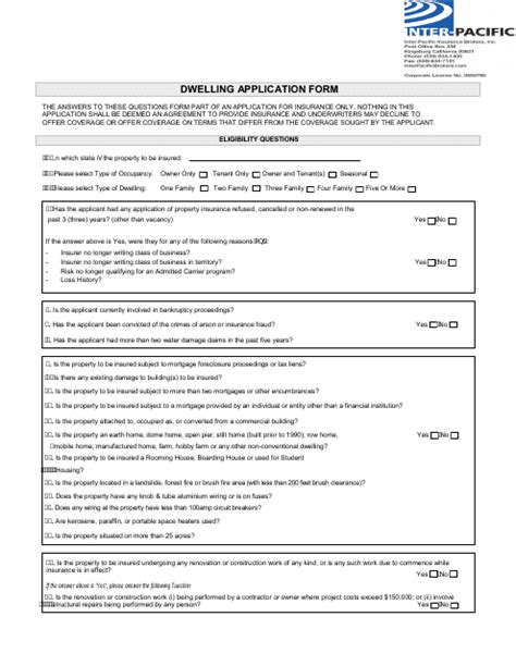 Dwelling Application Form Inter Pacific Insurance Brokers Download