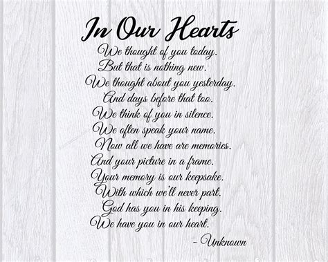 In Our Hearts Poem Bereavement Mourning Sympathy Grief | Etsy
