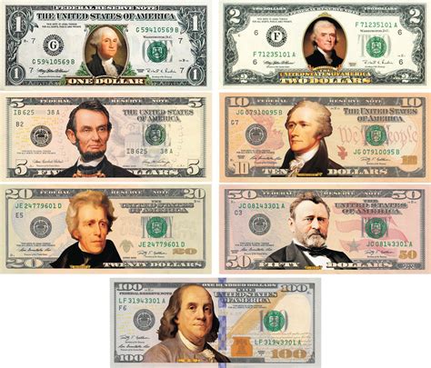 Set Of All 7 Colorized 2 Sided Us Bills Currency 1251020