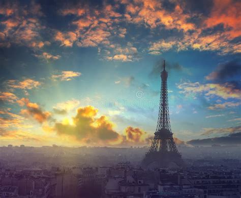 Beautiful Sunset And Dramatic Sky Above The Paris France Stock Image