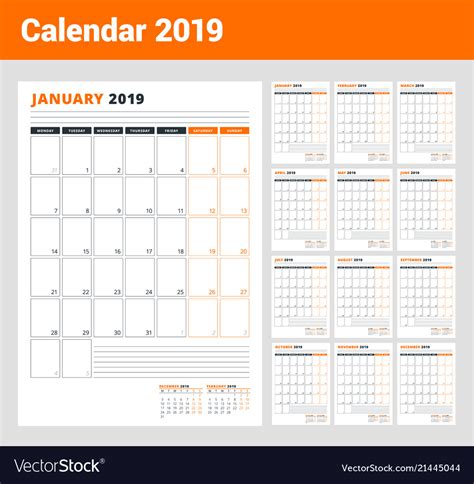 Calendar Template For 2019 Year Business Planner Vector Image