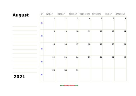 Free Download Printable August 2021 Calendar Large Box Holidays