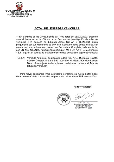 Acta De Entrega Vehicular PolicÍa Nacional Del PerÚ RegiÓn Policial