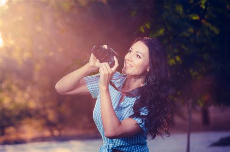 Young Woman Photographer Taking Photo Outdoor Stock Image Image Of