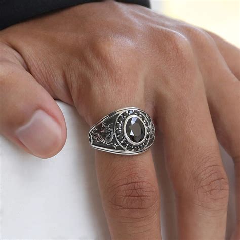 Black Stone Ring For Men Dragon Design 925 Sterling Silver Vy Jewelry