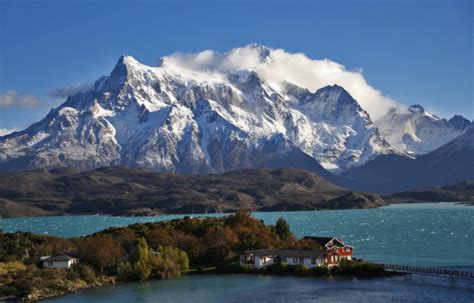 Patagonia Chile Sky Clouds Mountains Snow Lake House Trees
