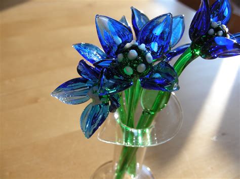 Czech Glass Blue Flowers In 2 Vases Vintage